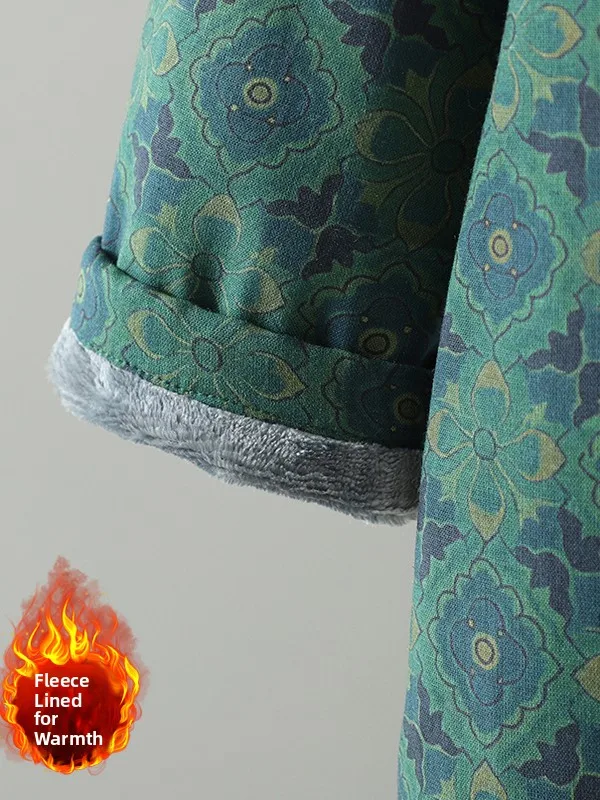 Retro Print Linen Fce Dr Large Size Women's 2025 Long Slimming Thiened Improved Skirt Warm Long Sve