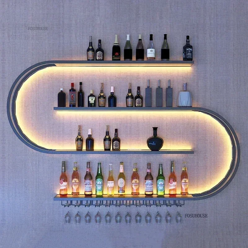Nordic Einfache Schmiedeeisen Wein Bar Schrank Hause Wand Montiert Industriellen Stil Wein Rack Restaurant Bar Display Regal Mit Licht