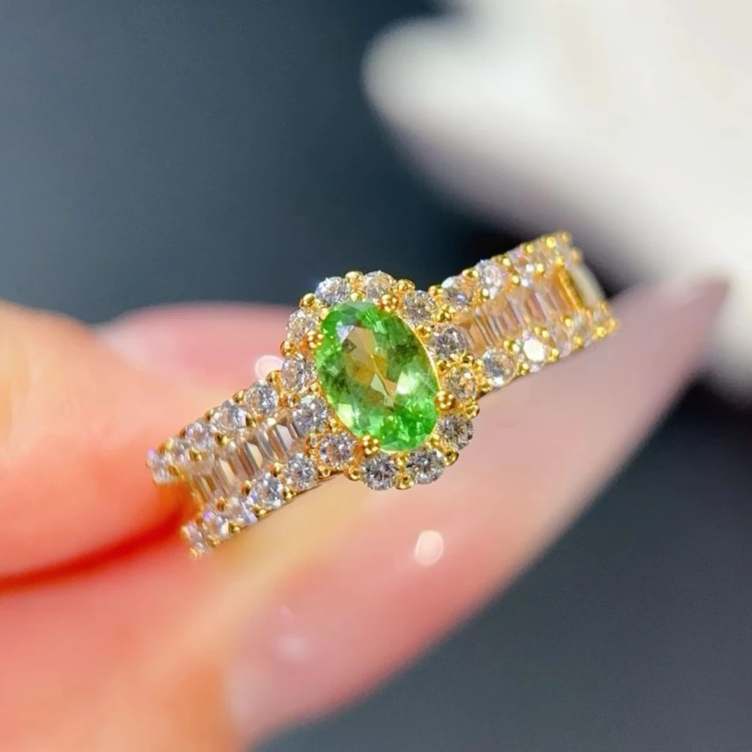 

925 Silver Natural Tsavorite Statement Ring Certified Tsavorite Jewelry 4x6mm Oval Baguette Halo Gold Plated Ring for Women