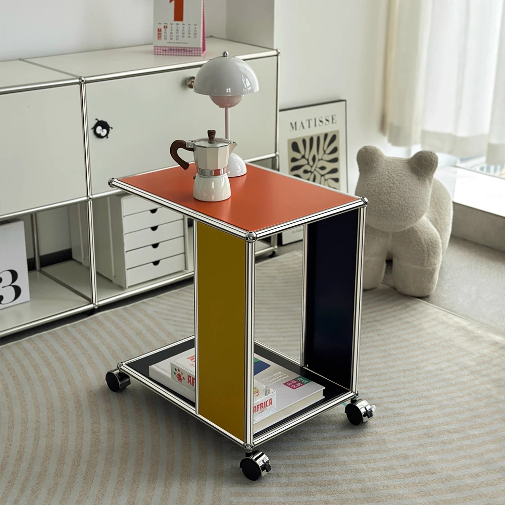 Modern Convertible Color Block Modular Console Table Wheels Storage Cart Stainless Steel for Living Room Bedroom Home Office