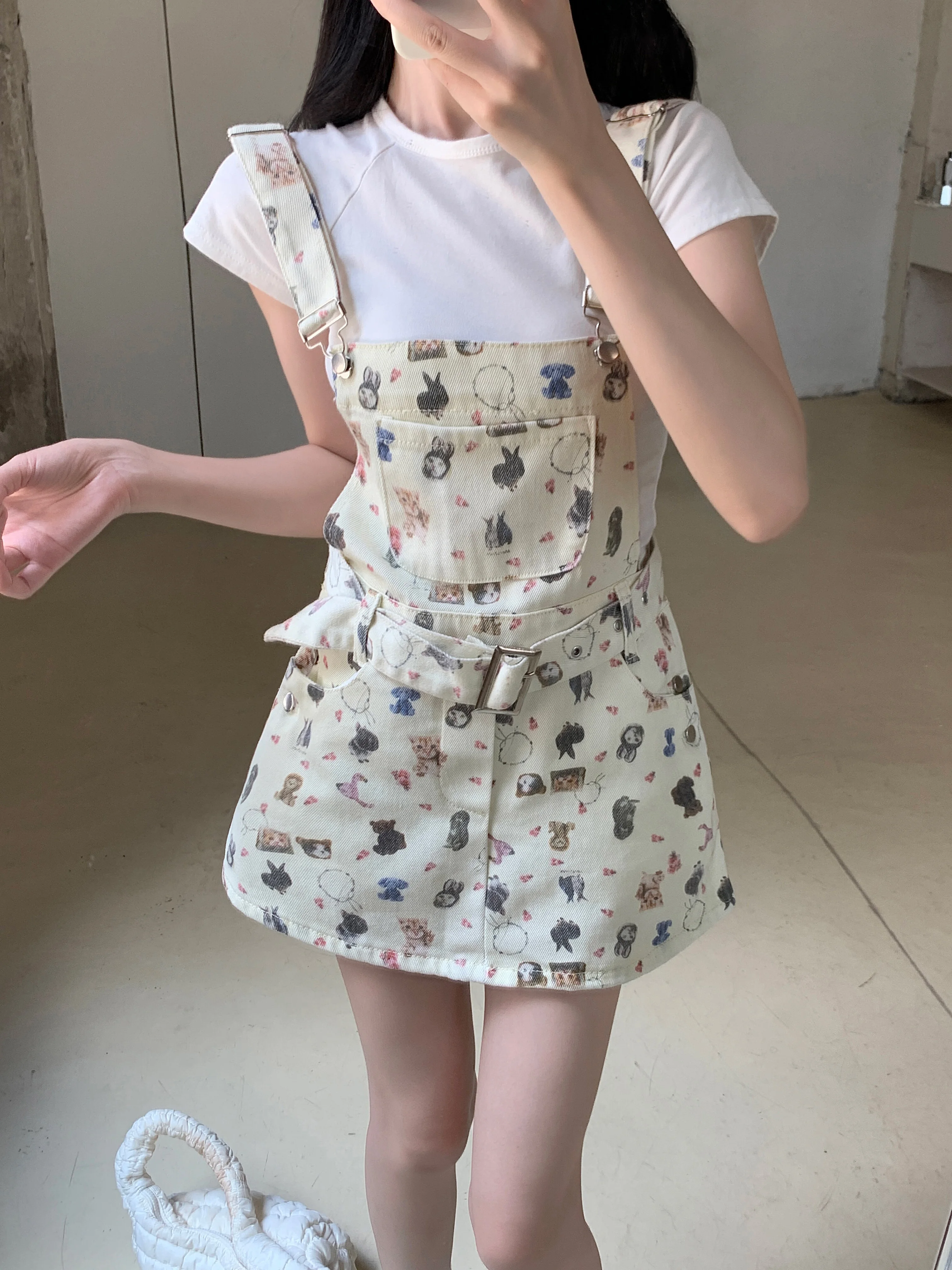 2024 Women Washed Cartoon Printed Denim Shoulder Strap Short Skirt  Suspender Girls Wide Leg Loose A-line Dress