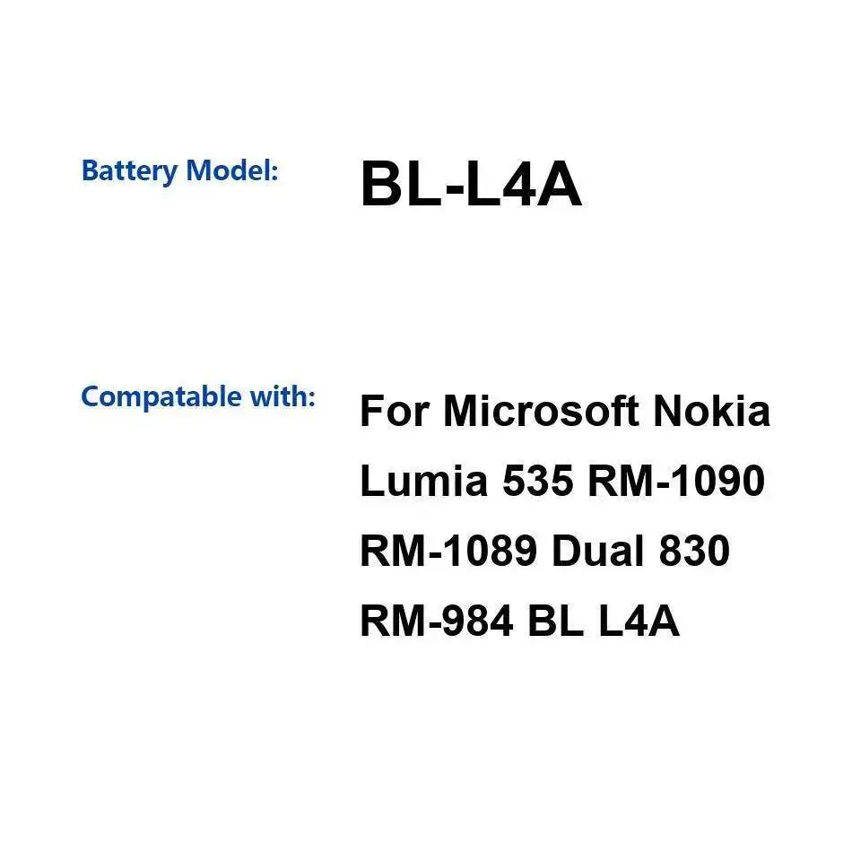 

Long-Lasting Performance BL-L4A High-Efficiency Mobile Phone Battery For Nokia Lumia 535 RM-1090 RM-1089 Dual 830 RM-984 1905Mah