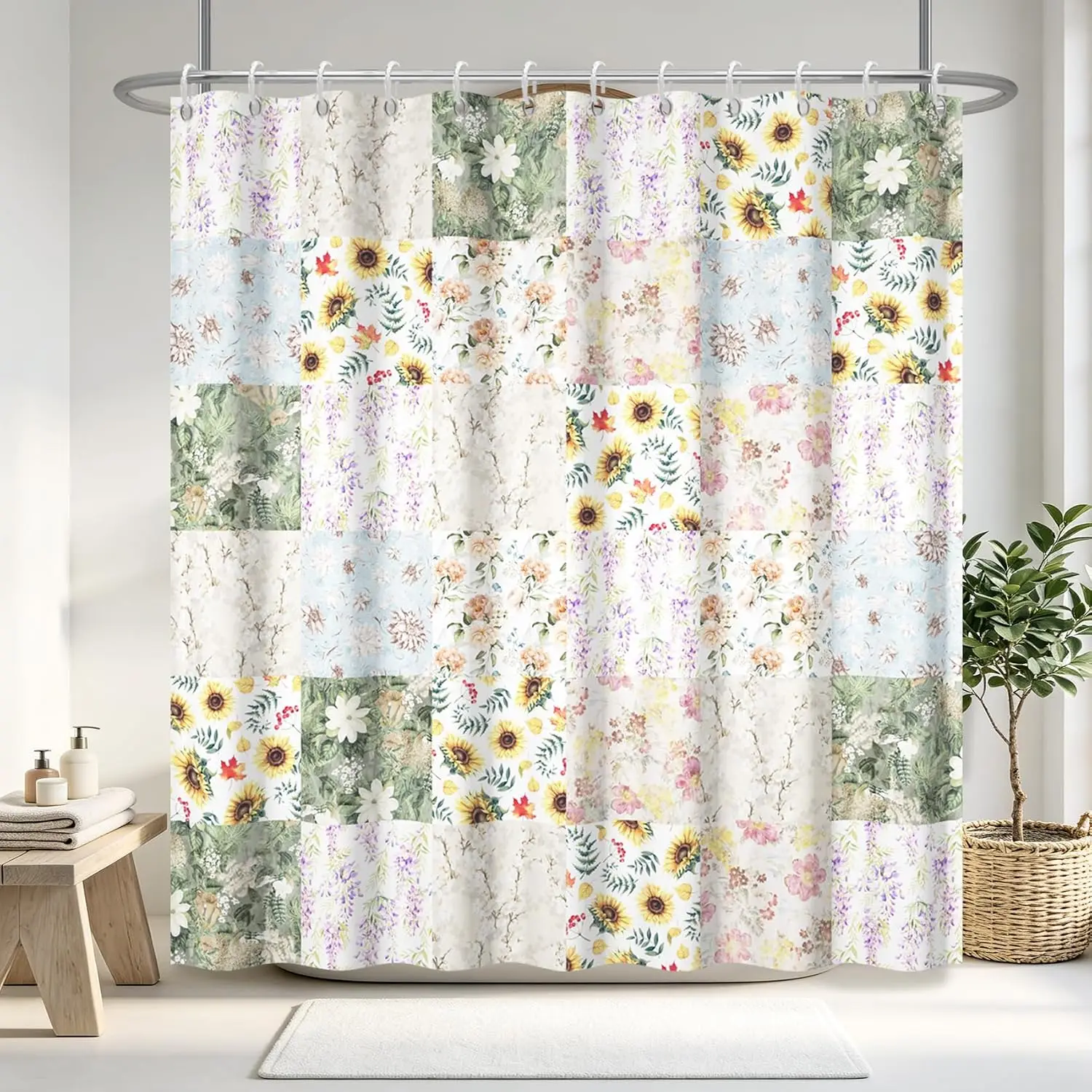 Waterproof Polyester Shower Curtain Floral Patchwork Cottagecore Bathroom Decor Curtain Vintage Botanical Spring Bloom Design