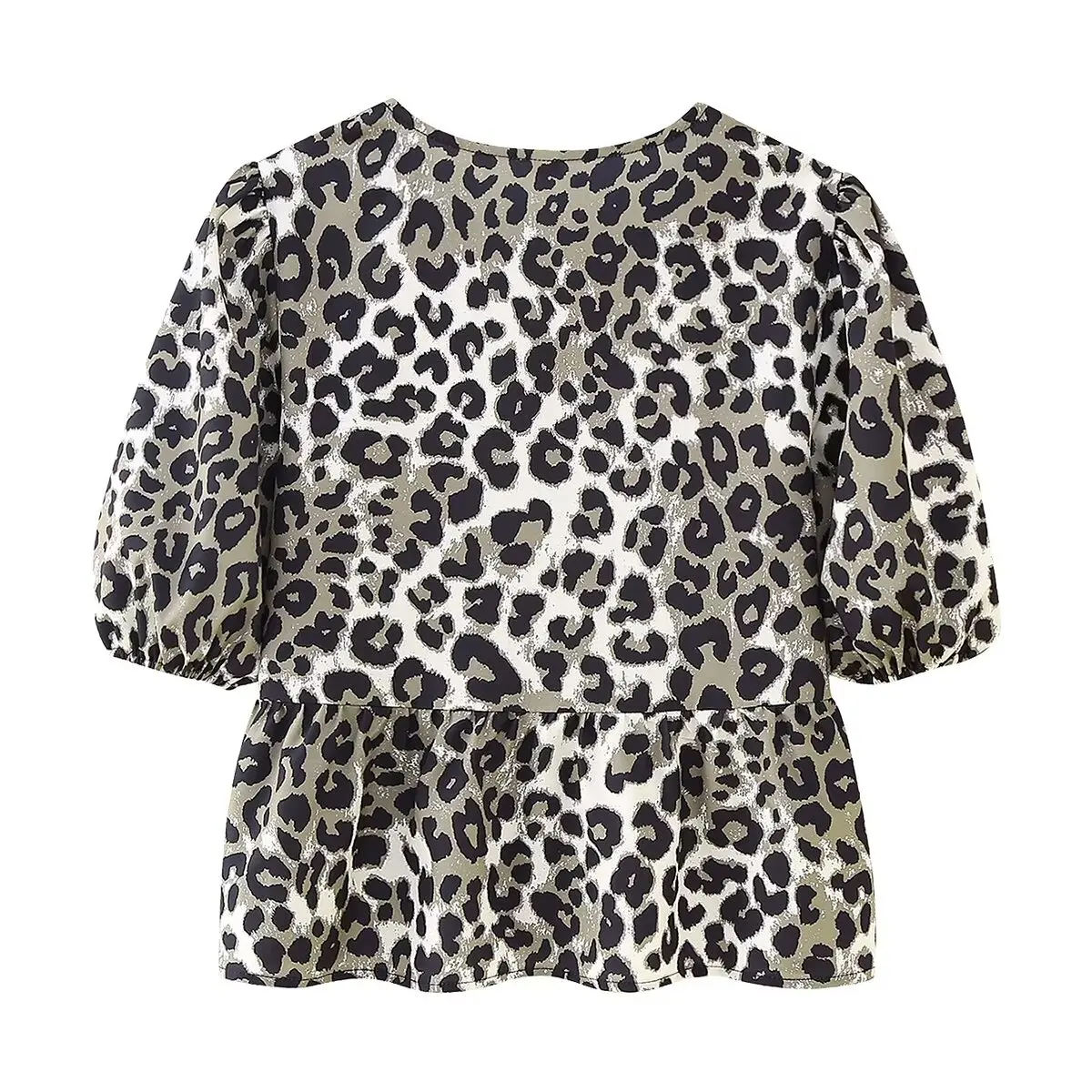 Leopard Shirt Summer Crop Top Puff Sleeve Blouse With Lace-up Closing New Women\'s Clothing