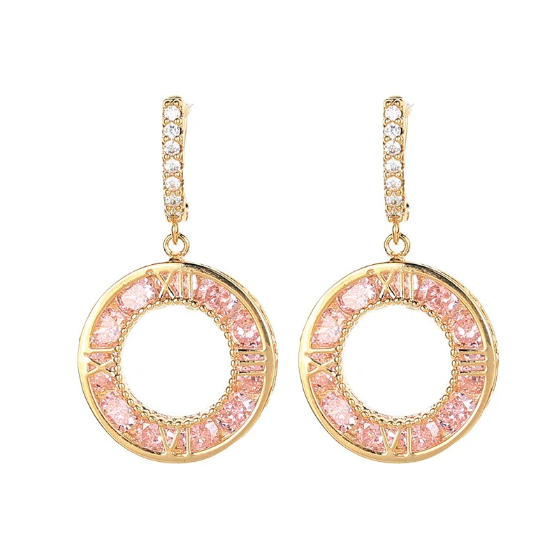 925 Silver Roman Numeral Circle CZ Hoop Earrings, Sparkling Pink Clear Dangle, Luxury Party Jewelry for Women