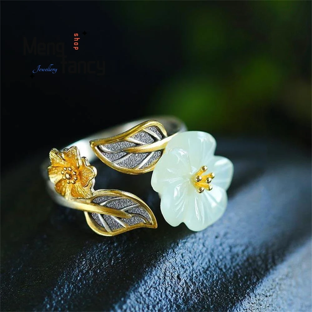 

Natural White Hetian Jade Flower Ring 925 Silver Jewelry Eternity Couple Luxury Promise Adjustable Rings Gift For Girlfriend