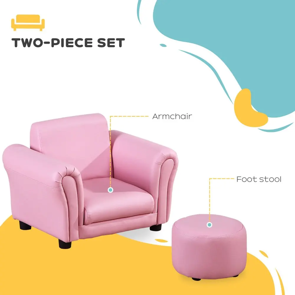 Kids Sofa Set with Footstool, Upholstered Armchair for Kids 18M+, Baby Sofa for Playroom, Children's Bedroom, Nursery Room, Pink