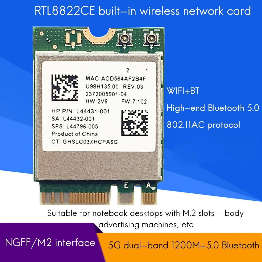 RTL8822CE Placa de Rede Sem Fio, 2.4G, 5G, Dual-Band, Gigabit WiFi, Bluetooth 5.0, Interface M.2 NGFF, Módulo Sem Fio