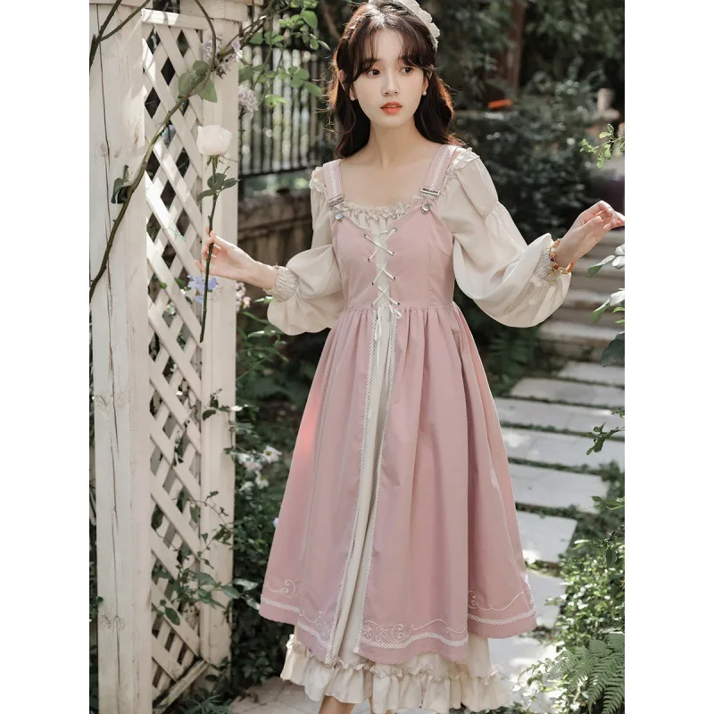 2026 New Autumn and Winter French Retro Waist-Controlled Slim Fit Sweet Lolita Detachable Two-Piece Long Dress