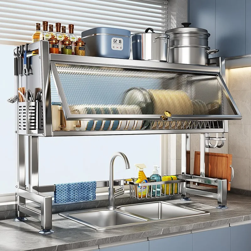 Stainless steel kitchen cabinet door rack, multi-functional drain rack, single and double sink rack, tableware and dish storage