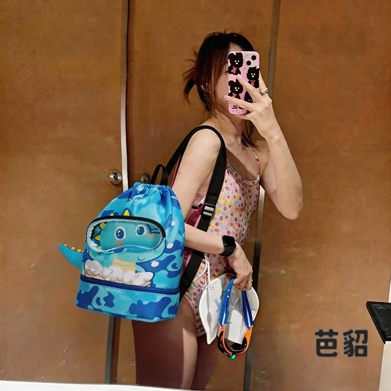 Dinosaur Children Swimming Bag Large Capacity Waterproof Sports Storage Bag with Shoe Compartment Wet And Dry Separation Doub...
