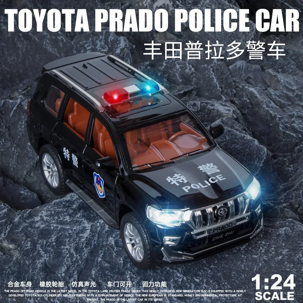 Coche de policía Toyota Prado de alta simulación, modelo de aleación de Metal fundido a presión, luz de sonido, Colección Pull Back, regalos de juguete para niños, 1:24