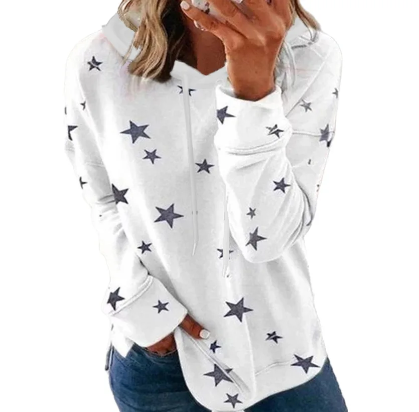 European and American women\'s star printed top loose oversized hoodie for women