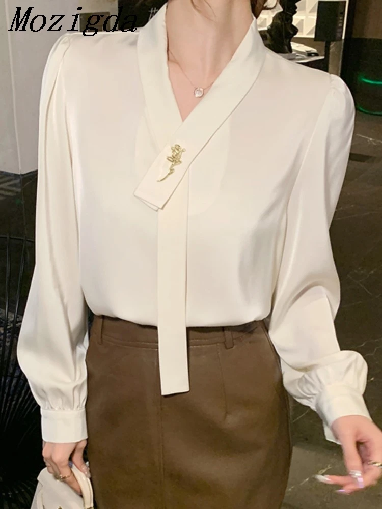 

Autumn Blouse Women Tops Office Long Sleeve White Women Shirts With Tie V Neck Loose Female Clothing Ladies Tops