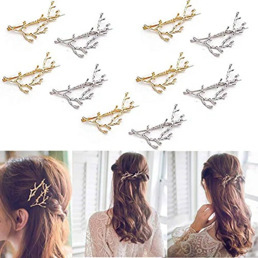 

10pcs Minimalist Dainty Gold Silver Metal Hairpin Leaf Hair Clip ClampsMetal Branches Hairpin Hair Accessories Best Christmas G