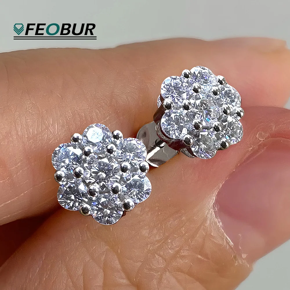 

FEOBUR 3mm Full Moissanite Stud Earrings for Women 925 Sterling Silver 7-Stone Flower Wedding Earring Certified Jewelry Gift
