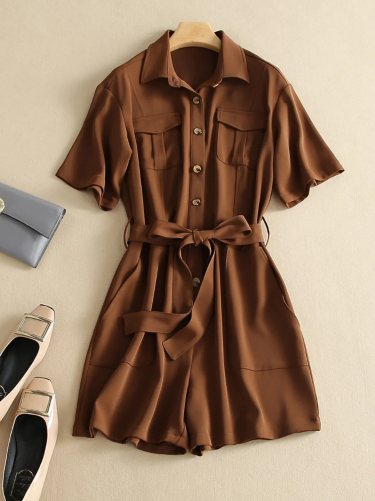 

Original Design Retro Hong Kong Sle Summer irt Collar Workwear Jumpsuit Women's Waist Cinching Slim Wide Leg orts