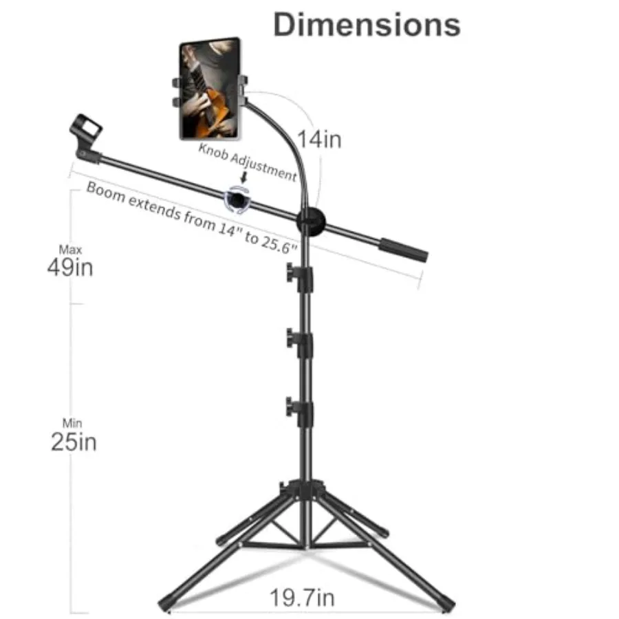 Mic Stand Microphone Stand Floor Boom Mic Stand with Tablet Phone Holder Height Adjustable Fourlegged Stand Gooseneck Boom Arm