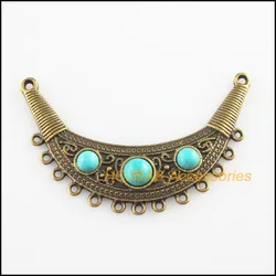 Fashion 2Pcs Antiqued Bronze Plated Moon Flower Blue Stone Charms Pendants Connectors 40x67.5mm