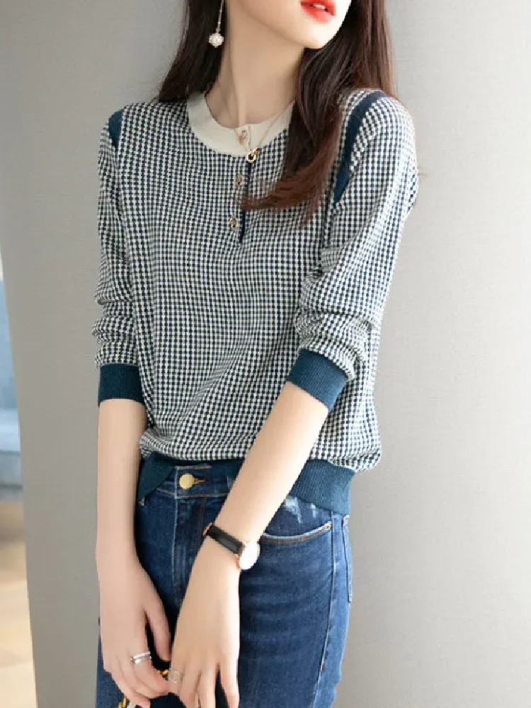 Autumn Knit Top Women Sweater Loose Pullover Black White Plaid Woman Clothes Blous Long Sleeve Top Grace Feminine Knited Sweater