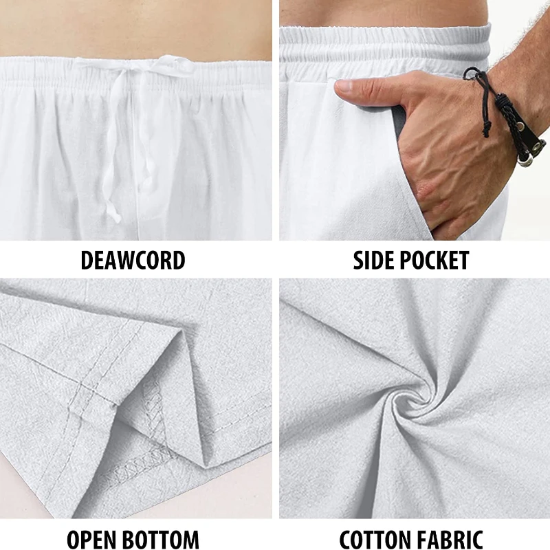 Erkek pamuk keten pantolon gevşek bahar rahat pantolon erkek nefes düz renk tam boy İpli Jogger Yoga keten pantolon
