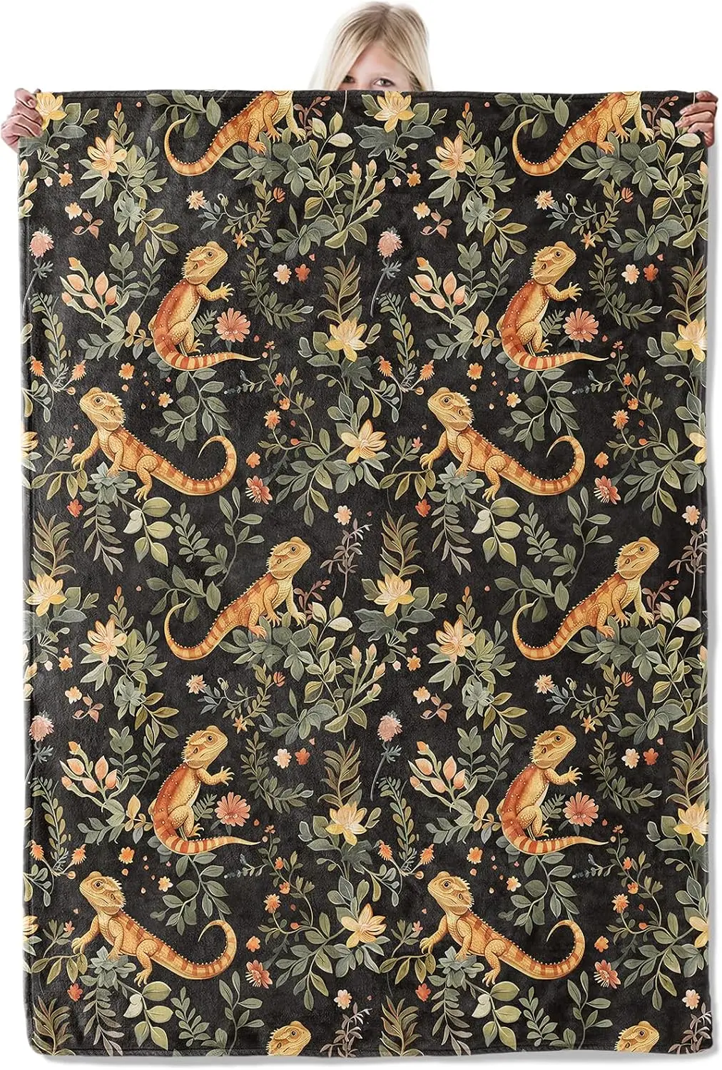 Bearded Dragon Lightweight Flannel Blanket Orange Lizard Wildflower Nature Decor Gifts for Reptile Lovers Room Decorations