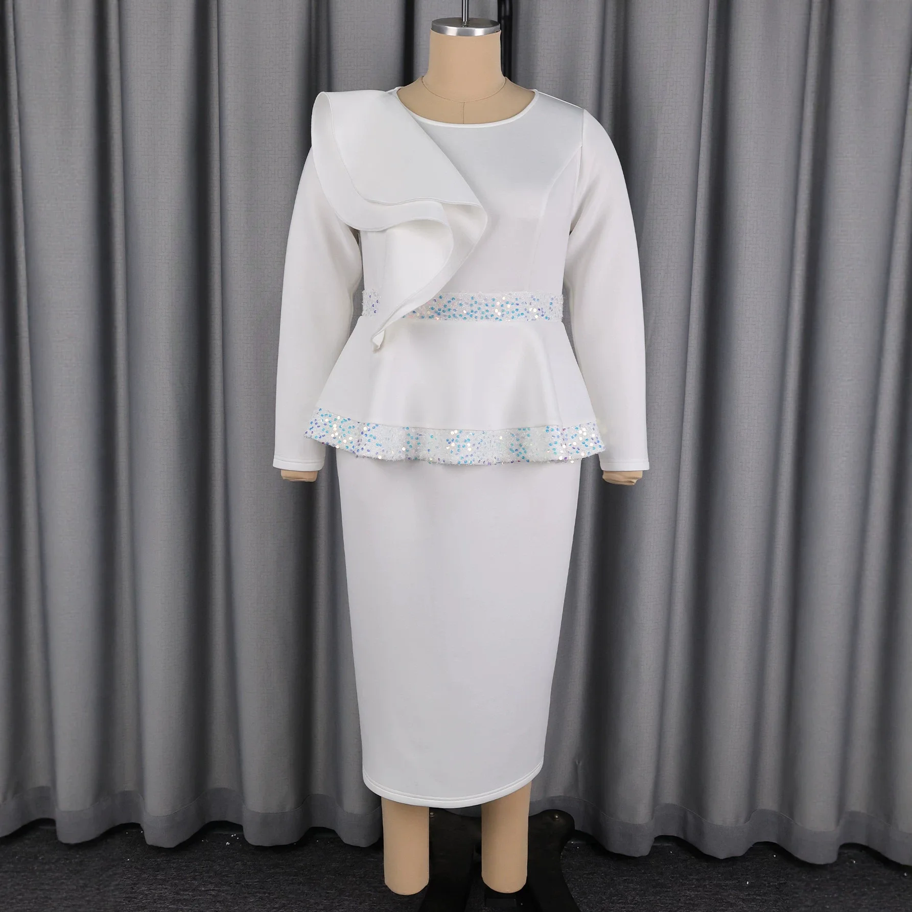 African Women Sequin Dress Elegant O Neck Ruffle Long Sleeves Peplum Package Hip Church Wedding Guest Formal Festival Occasion