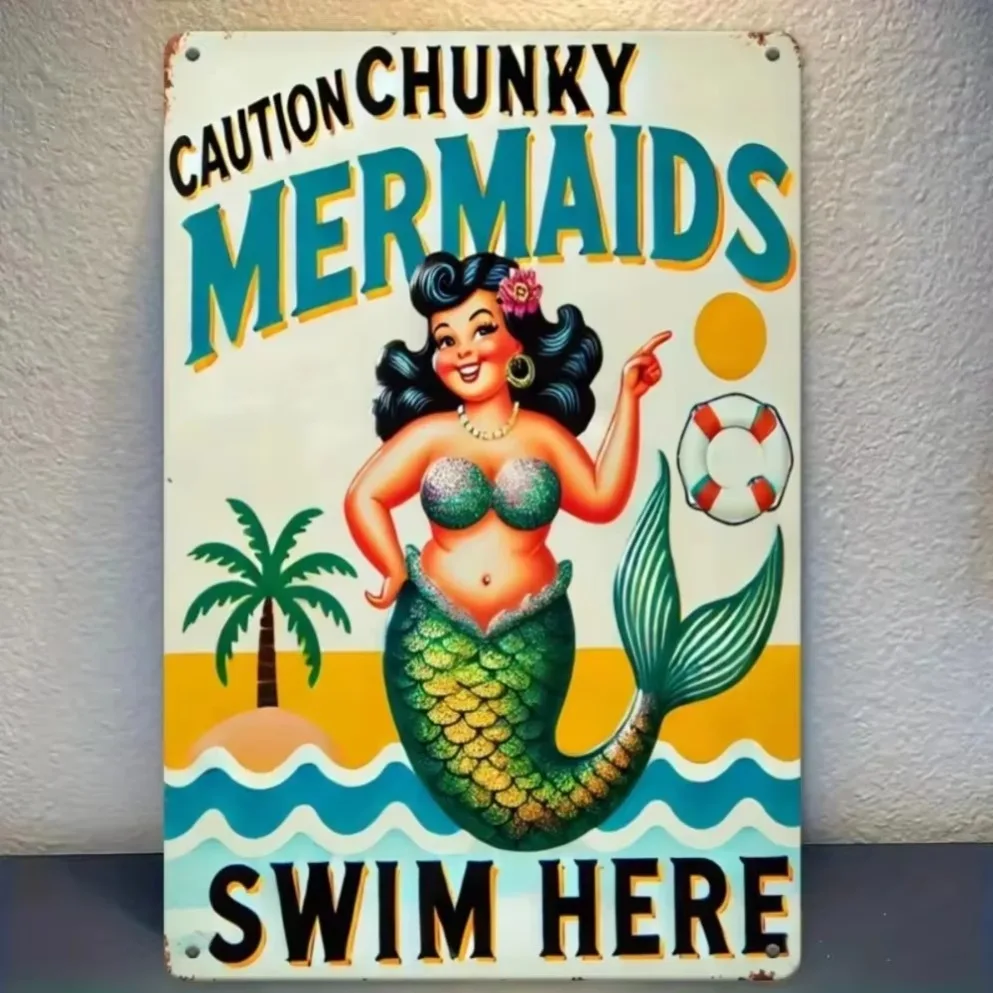 1PC "Caution Chunky Mermaids" Vintage Metal Wall Art | 2D Humorous Beach Scene with Palm Tree & Sun Design for Pool, Bathroom,