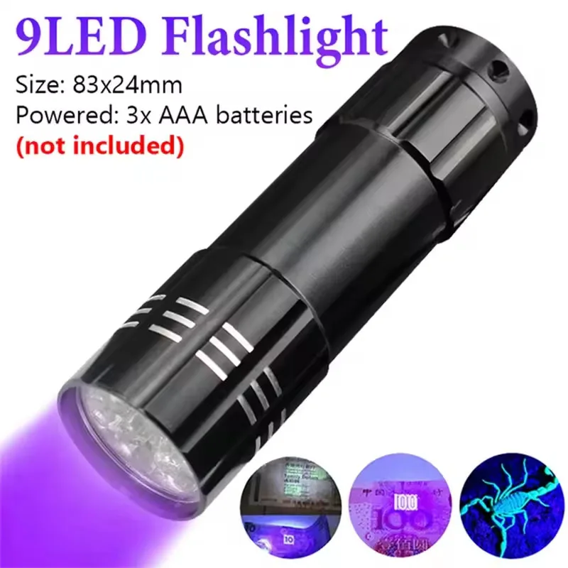 

1/5/10PCS Mini UV Flashlight 9 LED UV Black Light 50LM 395nm Detection Light Outdoor Portable Lighting Tool for Hiking