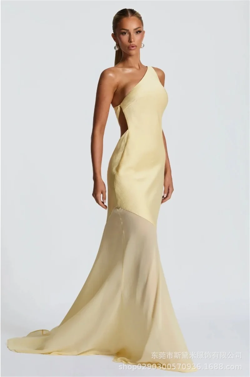 Summer Yellow Women Prom Dress Sexy One Shoulder Sleeveless Backless Party Gown Long Sheer Robe Casual Beach Holiday Skirt