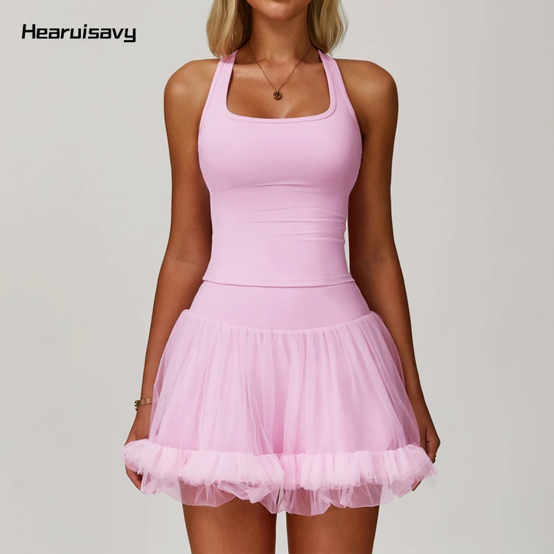 

Hearuisavy 2pcs Workout Tennis Skirt Set Running Shockproof Sports Vest Suit Women Stretch Tracksuit Quick-Drying Yoga Clothing