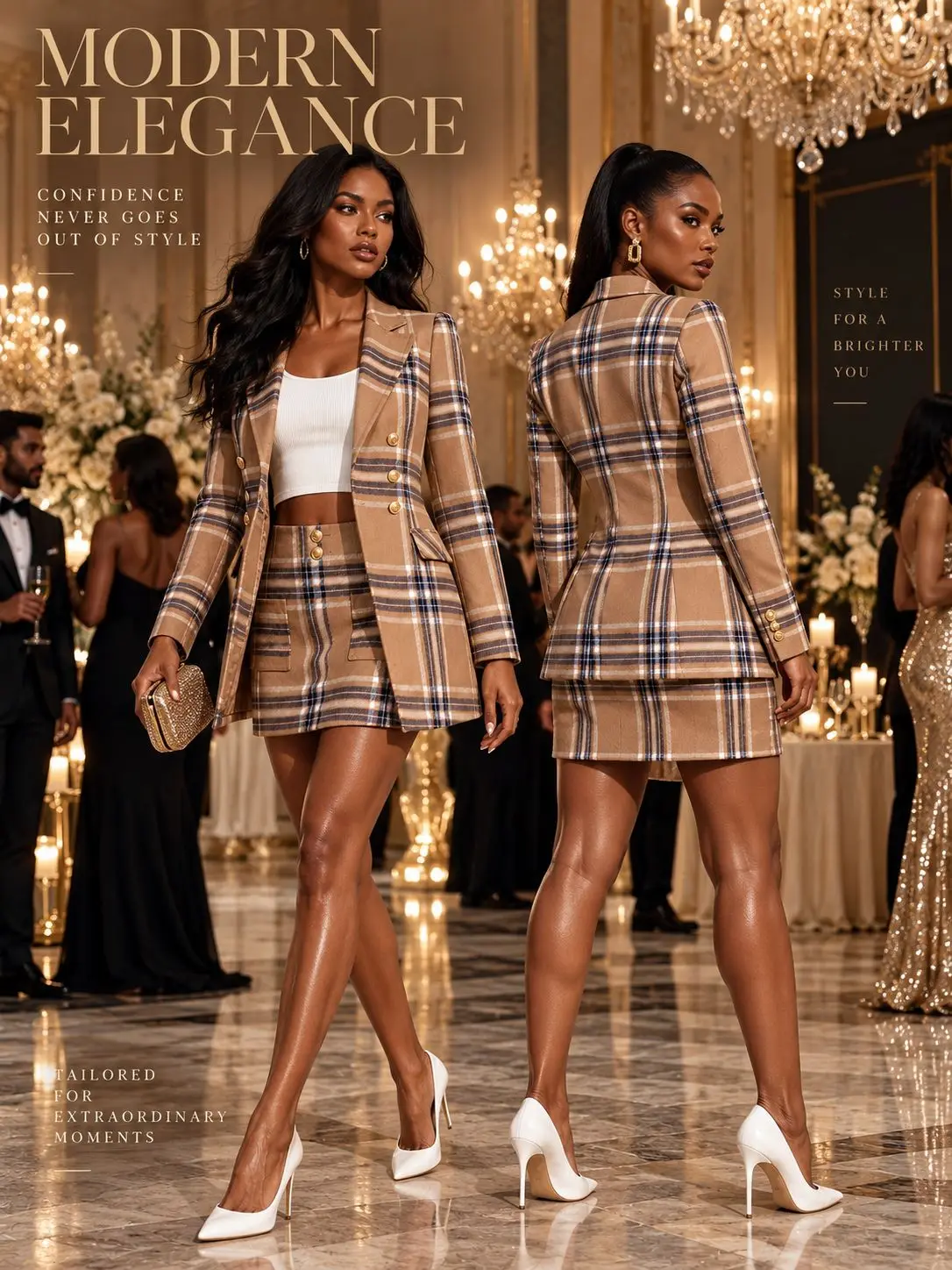 Women Plaid Blazer Skirt 2 Piece Outfit, Lapel Double Breasted Gold Button Jacket, High Waist Mini Skirt Suit Set, Elegant Business Party Co‑Ord Outfits for Ladies