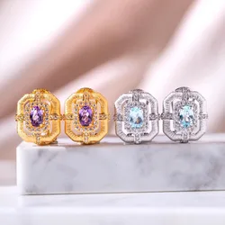 Foydjew Italian Vintage Gold Jewelry Wire Drawing Craft Geometric Design Luxury Purple/Sea Blue Diamond Stud Earrings For Women