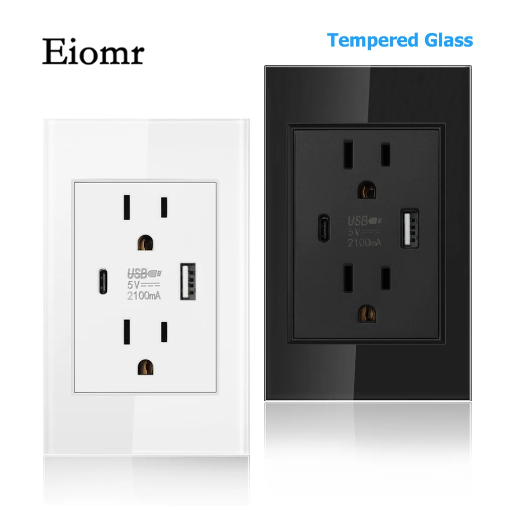 Eoma USB estándar de EE. UU., puerto USB A + USB C 5V 2A, Panel de 118mm * 75mm, toma de corriente 15A, puerto de cargador tipo C integrado en pared