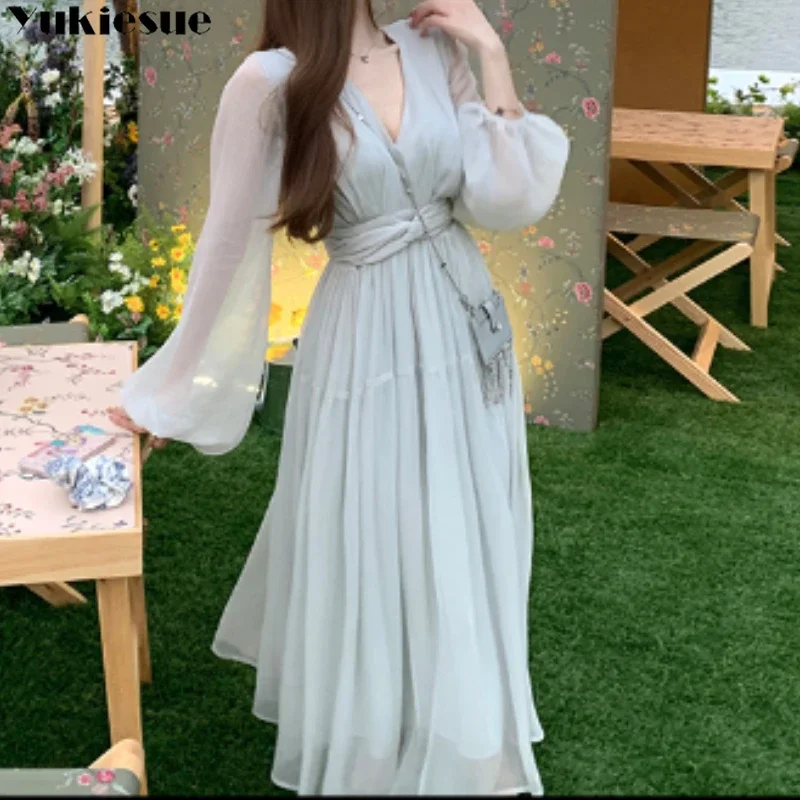 

Плиссированные платья феи с v-образным вырезом, французский шифоновый вечерний халат, элегантное длинное платье с рюшами, женское 2023, весеннее шикарное платье с расклешенными рукавами