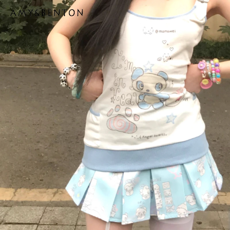 

Original Design Blue Animal Print Cute Women's Pleated Skirt Summer New Sweet Cool Versatile Age-Reducing Mini Skirts Ladies