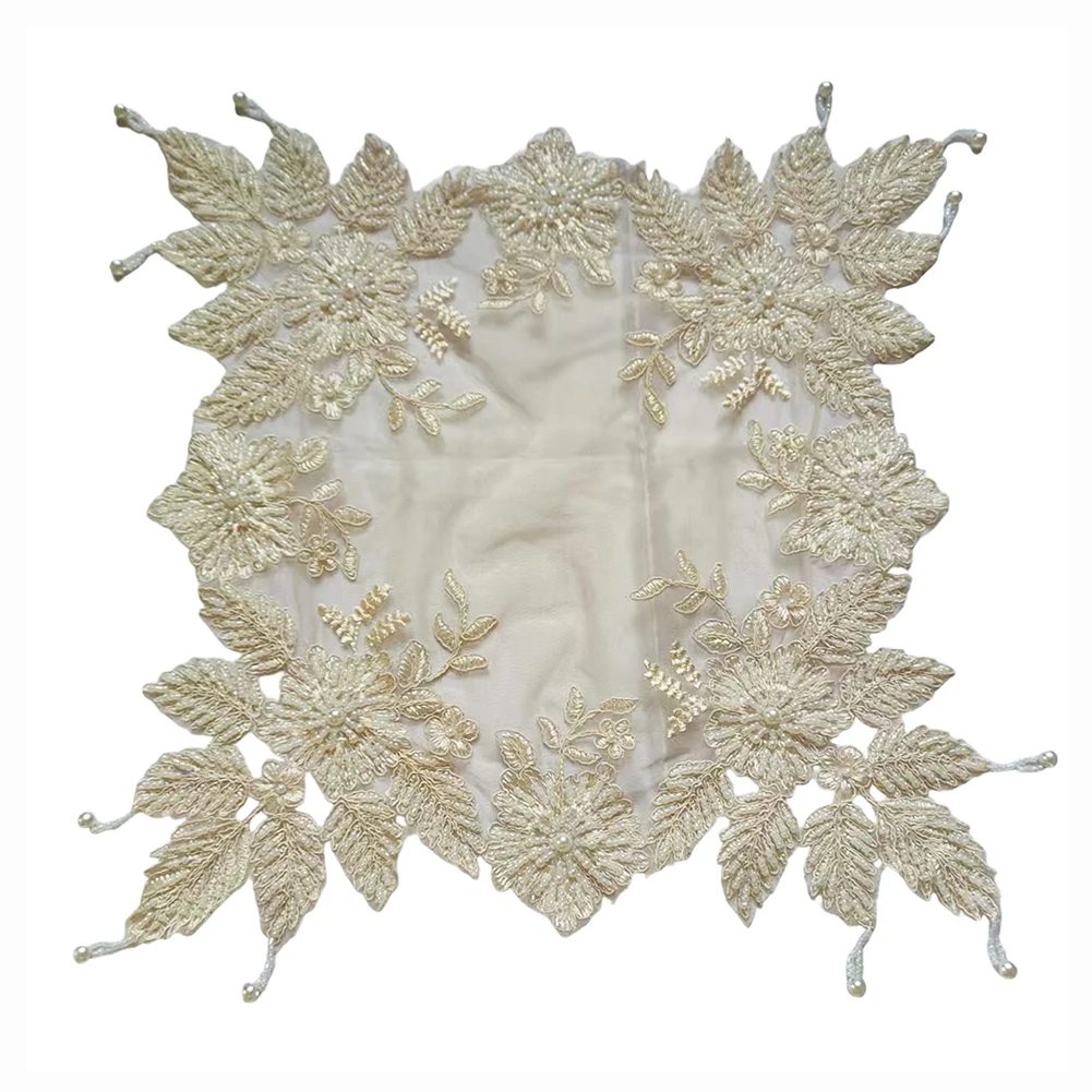 Handmade Embroidered Beaded Lace Doily Decor Mat for Coffee Table Flower Vase 40x40cm Beige Polyester Placemat