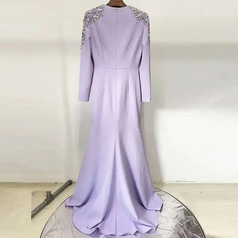 فستان سهرة نسائي أنيق من QMQA مطرز بالألماس وفتحة رقبة على شكل V وأكمام طويلة وخصر عالٍ فساتين حفلات ماكسي 2025 ربيع جديد QM324 #5