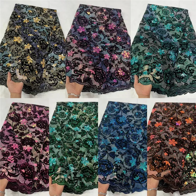 

African Flocking Lace Fabric 2022 High Quality Tulle Lace French Velvet Lace Fabric With Sequins For Wedding