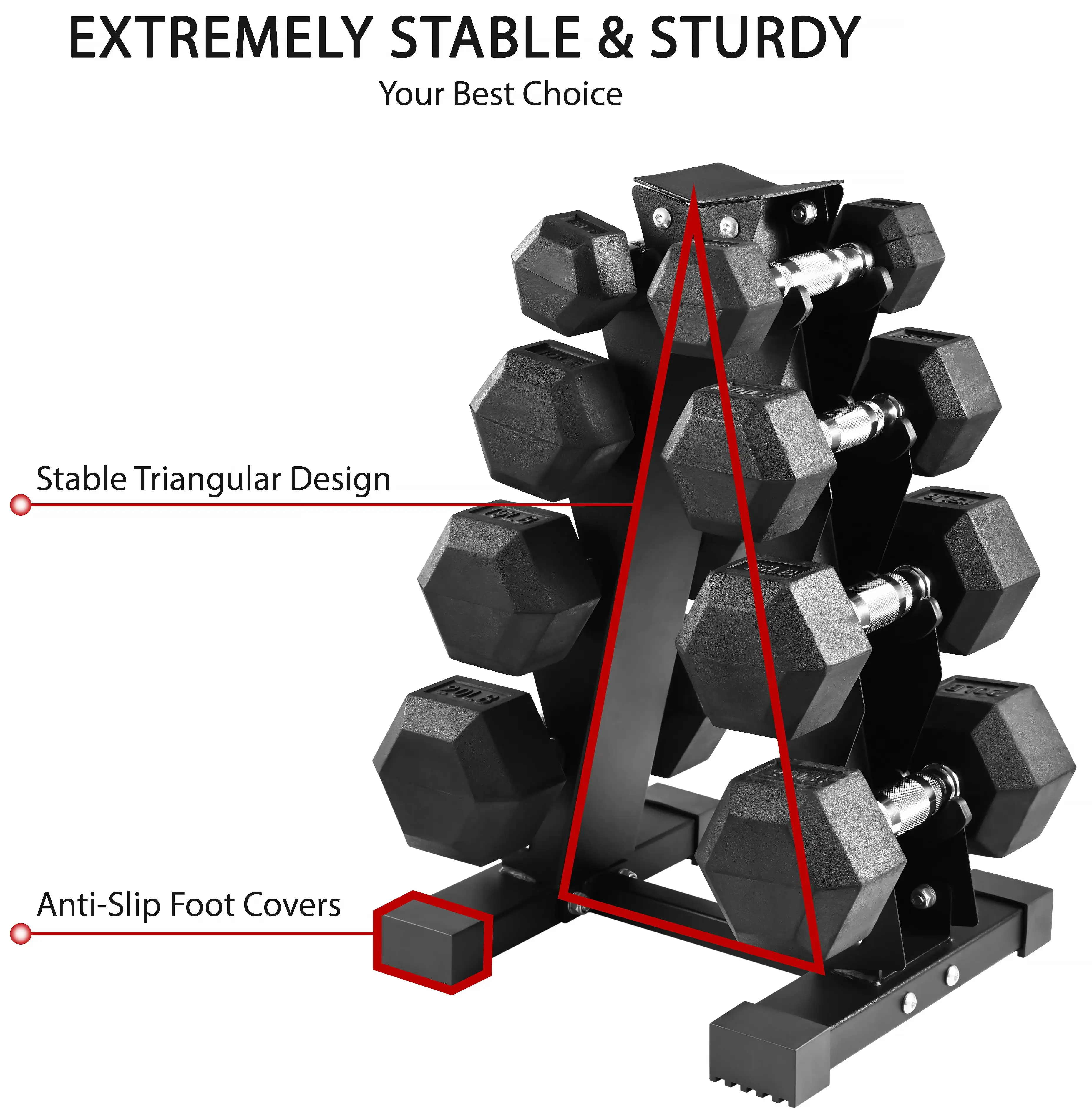 100LB Rubber Coated Hex Dumbbell Weight Set with A-Frame Rack, 5-20 lbs Pairs