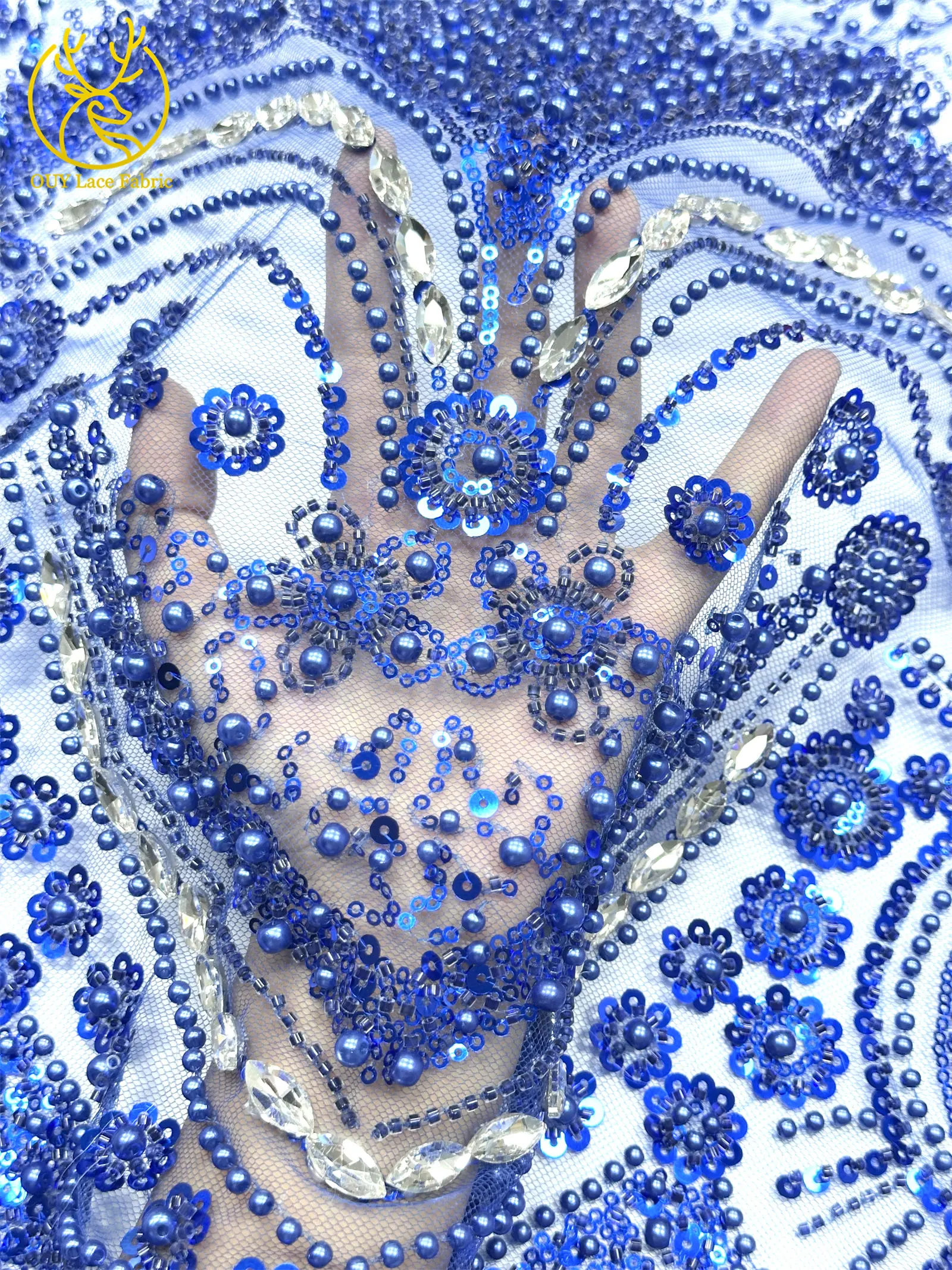 Luxuriöser königlicher lila afrikanischer handgefertigter Perlen-Spitzenstoff, französischer Pailletten-Stein-Tüll-Spitzenstoff für Hochzeitskleid-Design – Detail 9