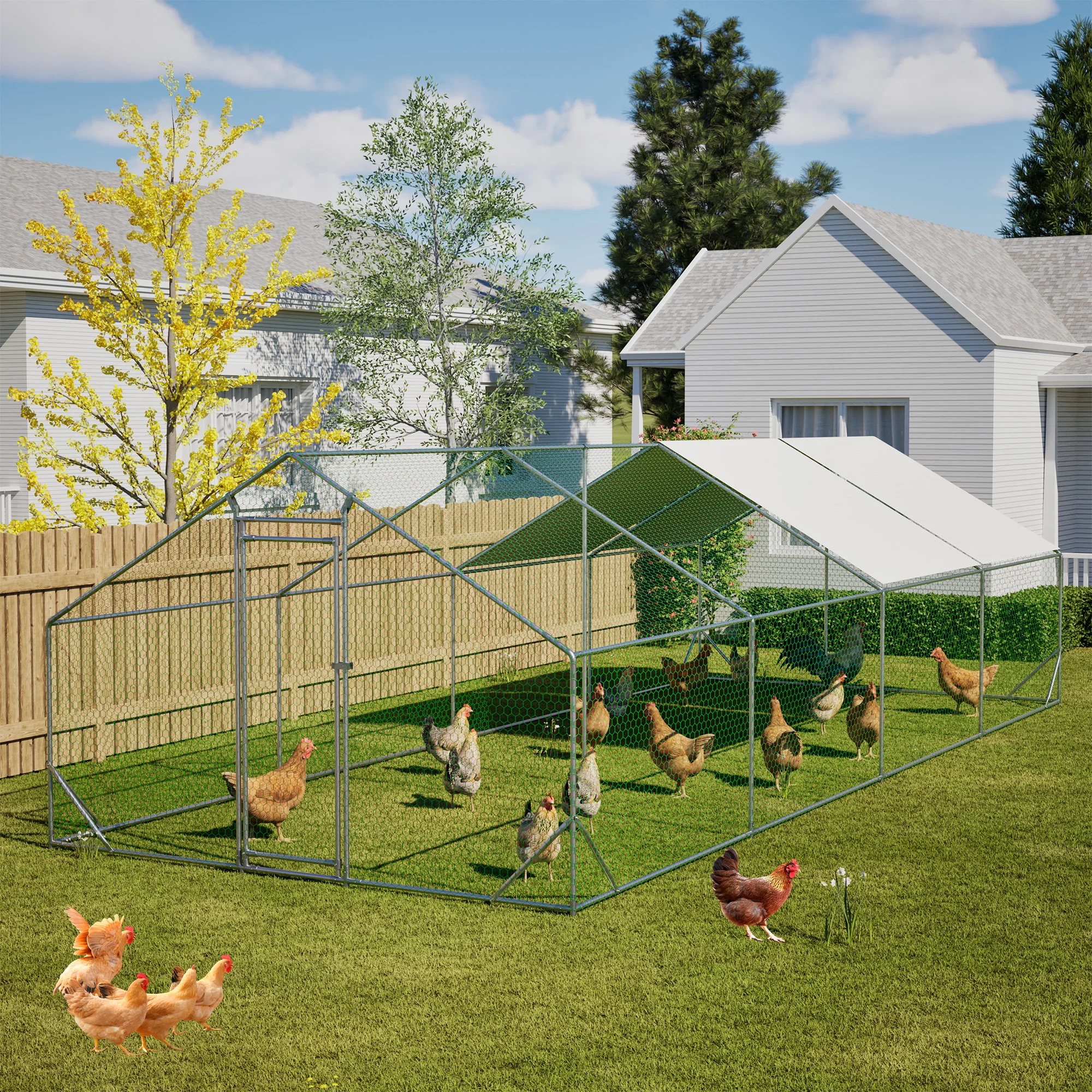 Large Metal Chicken Coop 10x26ft, Walk-in Chicken Run with Waterproof UV Resistant Cover, Galvanized Steel Poultry Pen Cage for Chickens Ducks Rabbits, Outdoor Backyard Farm Use