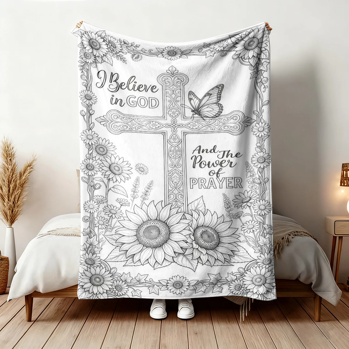 Boho Floral God Prayer Blanket Throw Christian Inspirational Sunflower Line Art Sketch Decorative Couch Bed Gift Scripture Home