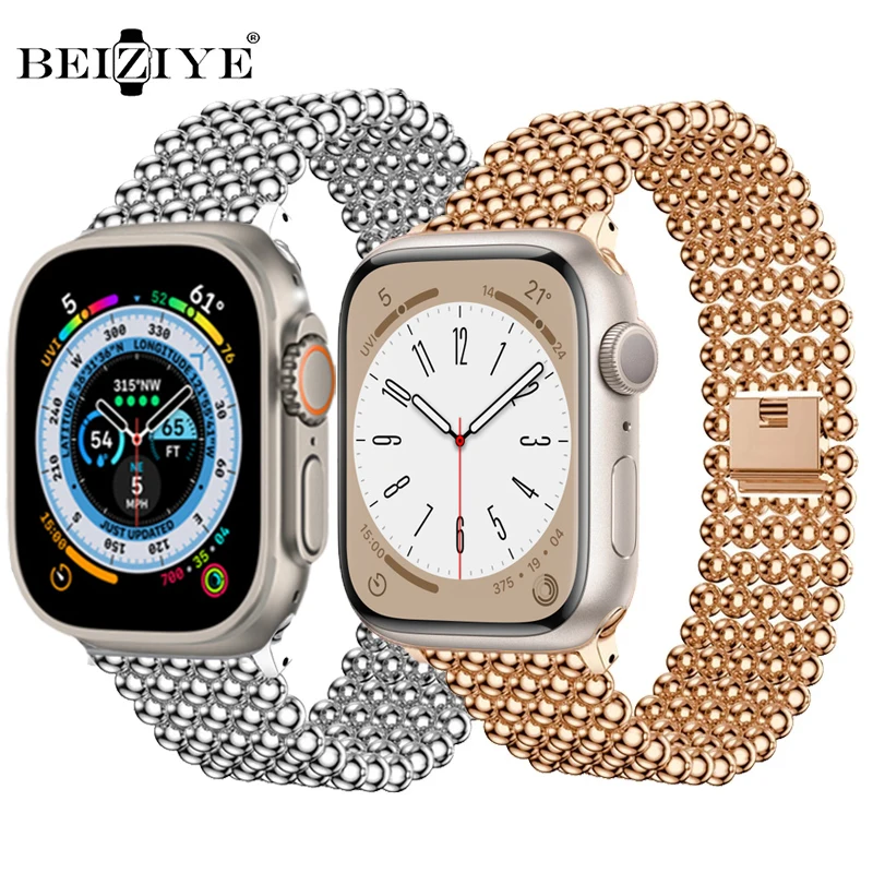 Stainless Steel Strap For Apple Ultra 49mm Band 46mm 45mm 41mm 42mm Metal Beads Band For iWatch 40mm 44mm Series 10 9 8 7 6 SE 5