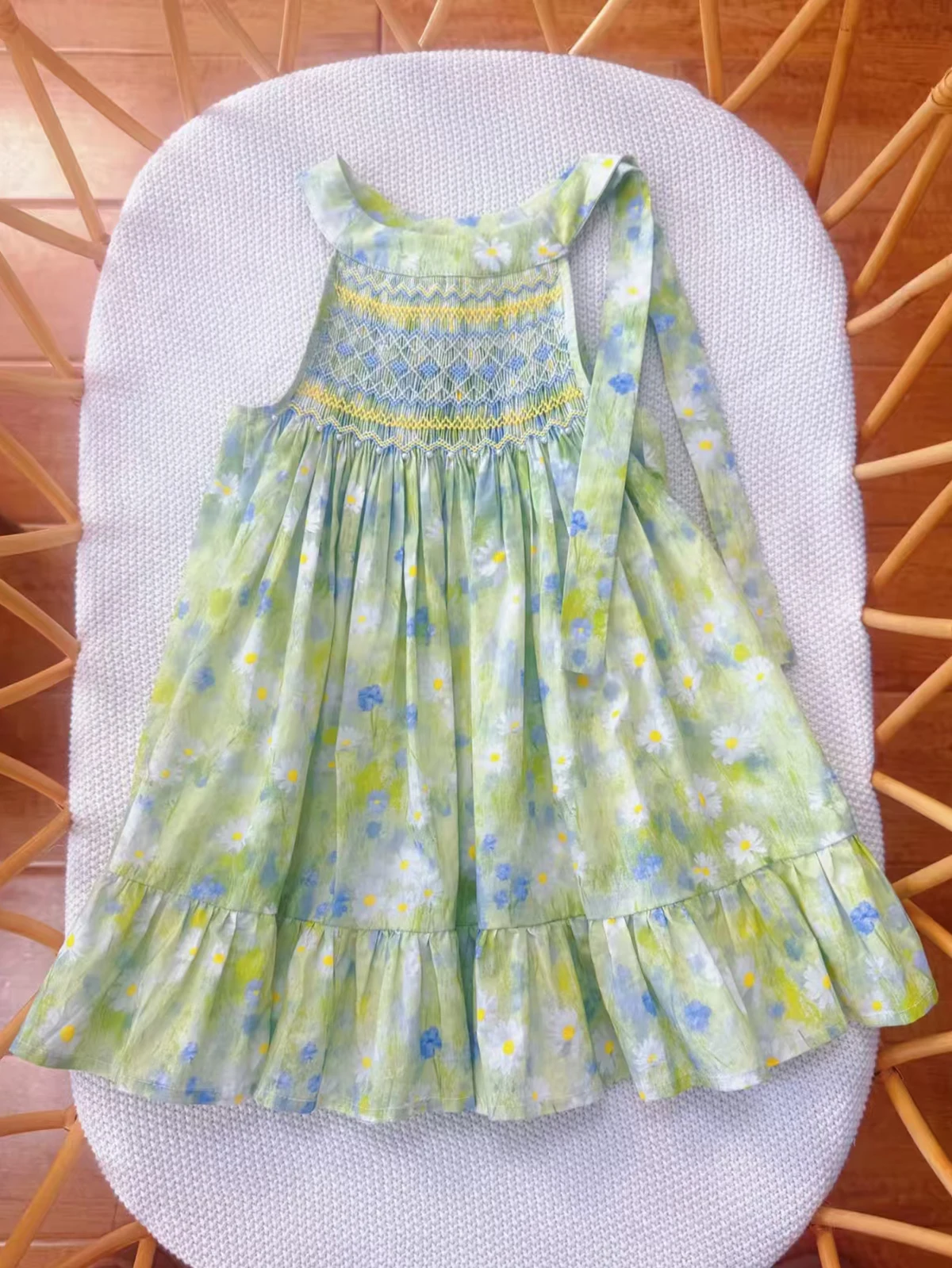 Summer Girls Handmade Embroidered Collar Strap Pearl Yellow Green Smoked Dress For Casual Party Birthday Wedding Photography