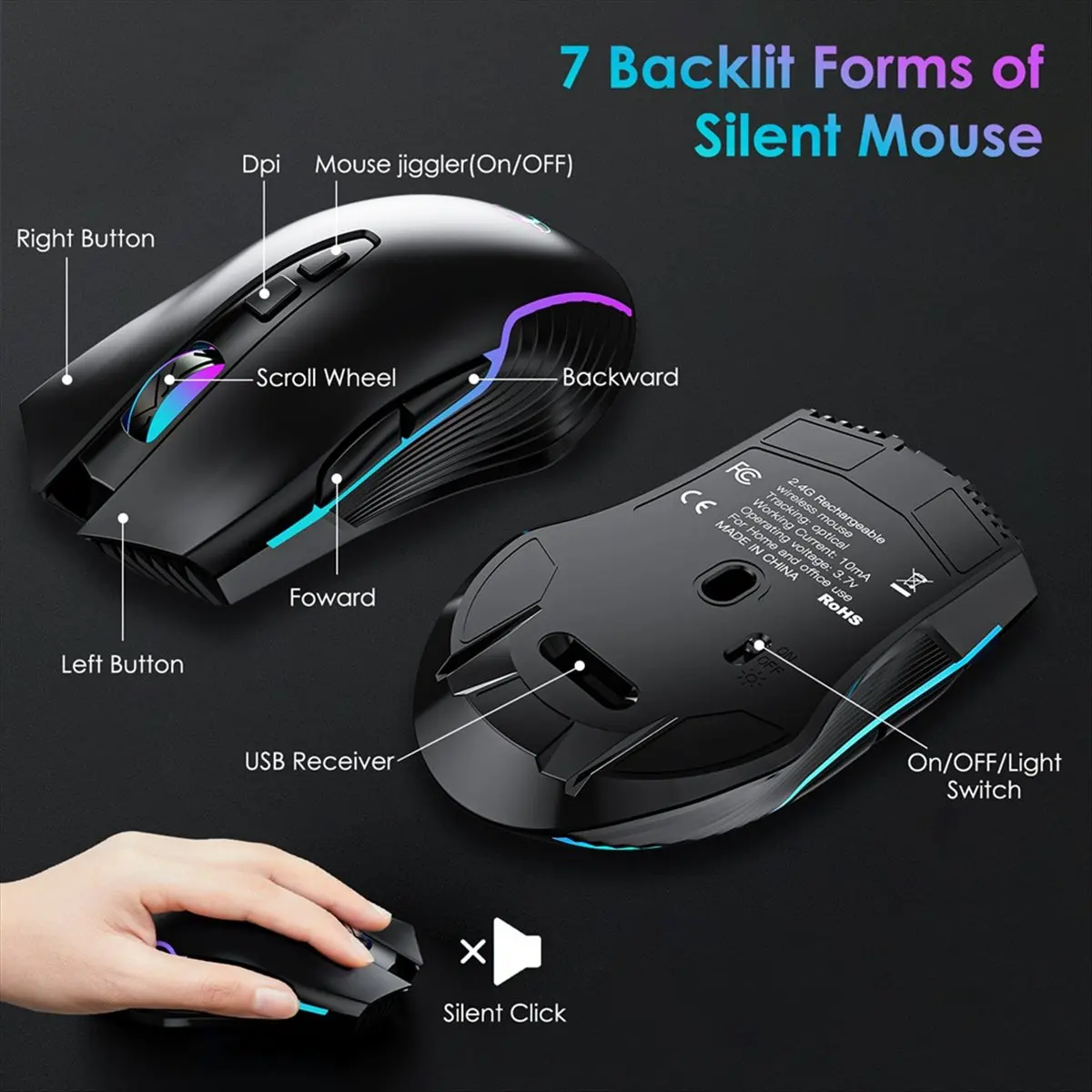 

Stable- Ergonomic 2.4G Wireless Rechargeable Keyboard Mouse Set for Laptop RGB Color Backlit with Mouse Jiggler