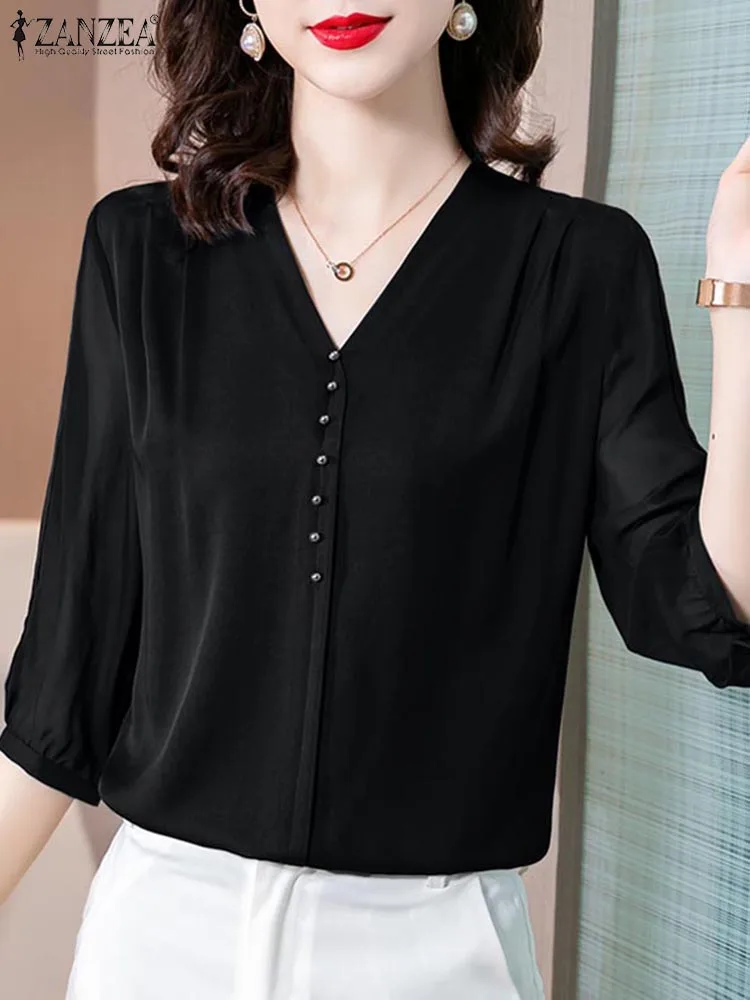 ZANZEA Office Lady Tops Summer Solid Satin Blouse Women Fashion V Neck Short Sleeve Blsuas Elegant OL Work Shirt Loose Chemise