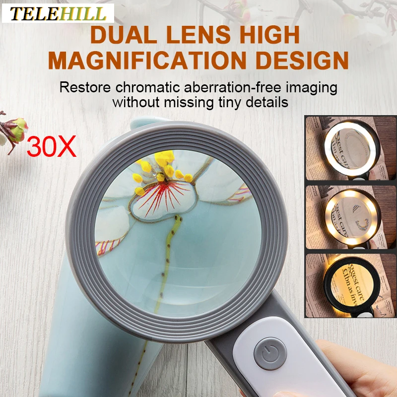 

Handheld 30X Lighted Magnifier HD Imaging Optical Lens Jewelry Watch Reading Loupe Magnifiers with 18 LED Illuminated Light