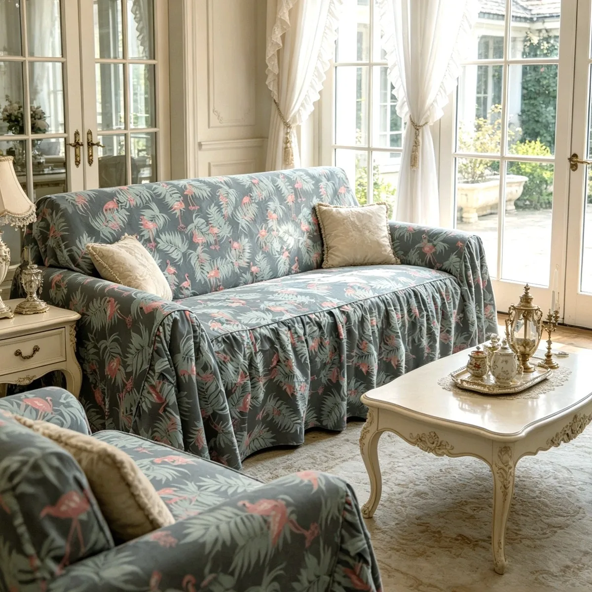 Flamingo French Korean Pastoral Cotton Sofa Towel  2 and 3 Seater Sofa Cover Whole Cover Large Size Blue Rose Flowers