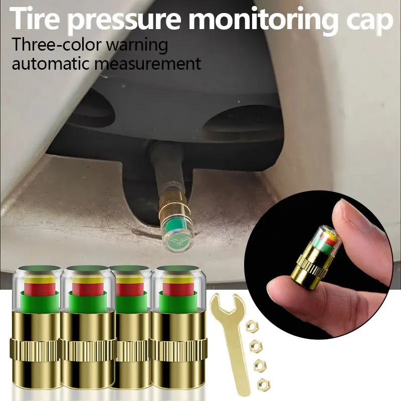 4/8Pcs Car Tire Pressure Monitor Valve Caps Eye Remind Gauge Sensor Indicator Tools Air Valve Caps Spanner + Nut For Trucks Suvs